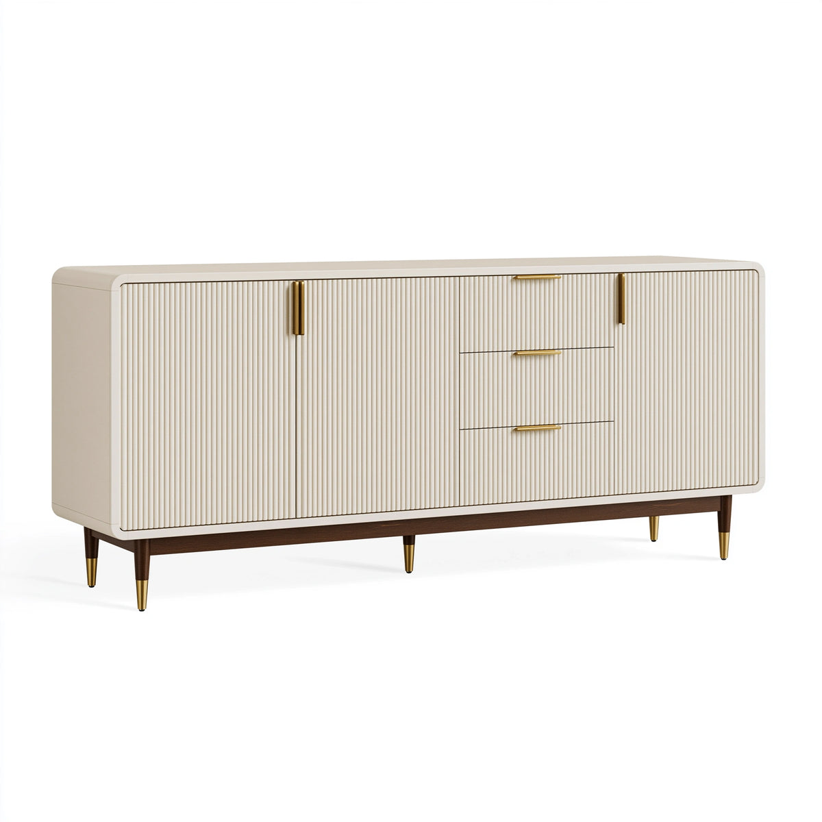 Buffet 180 x 45 x 85 cm en bois blanc et noyer - rangement à portes texturées