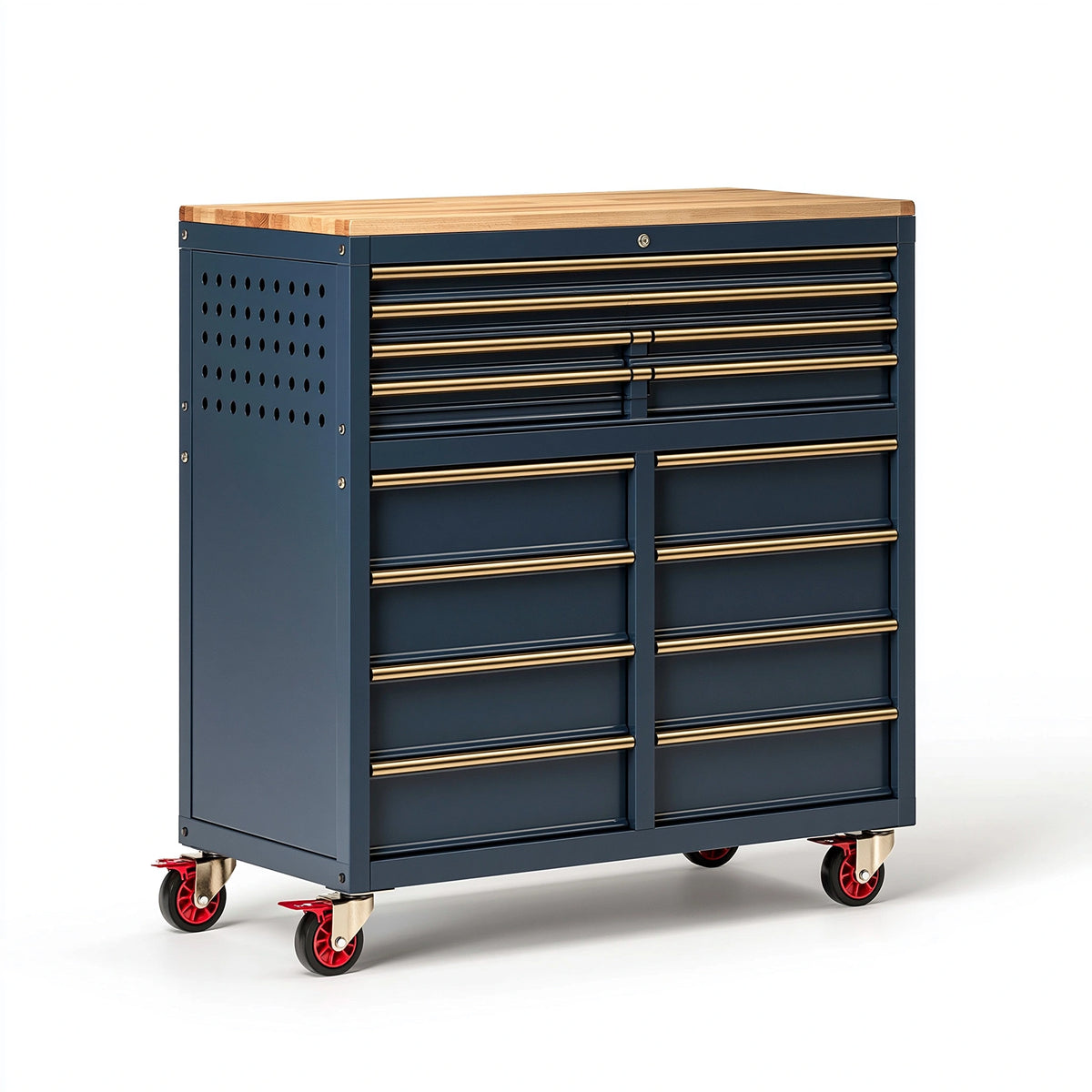Servante d'atelier 100 x 50 x 100 cm en acier bleu marine avec plateau en bois et 10 tiroirs sur roulettes