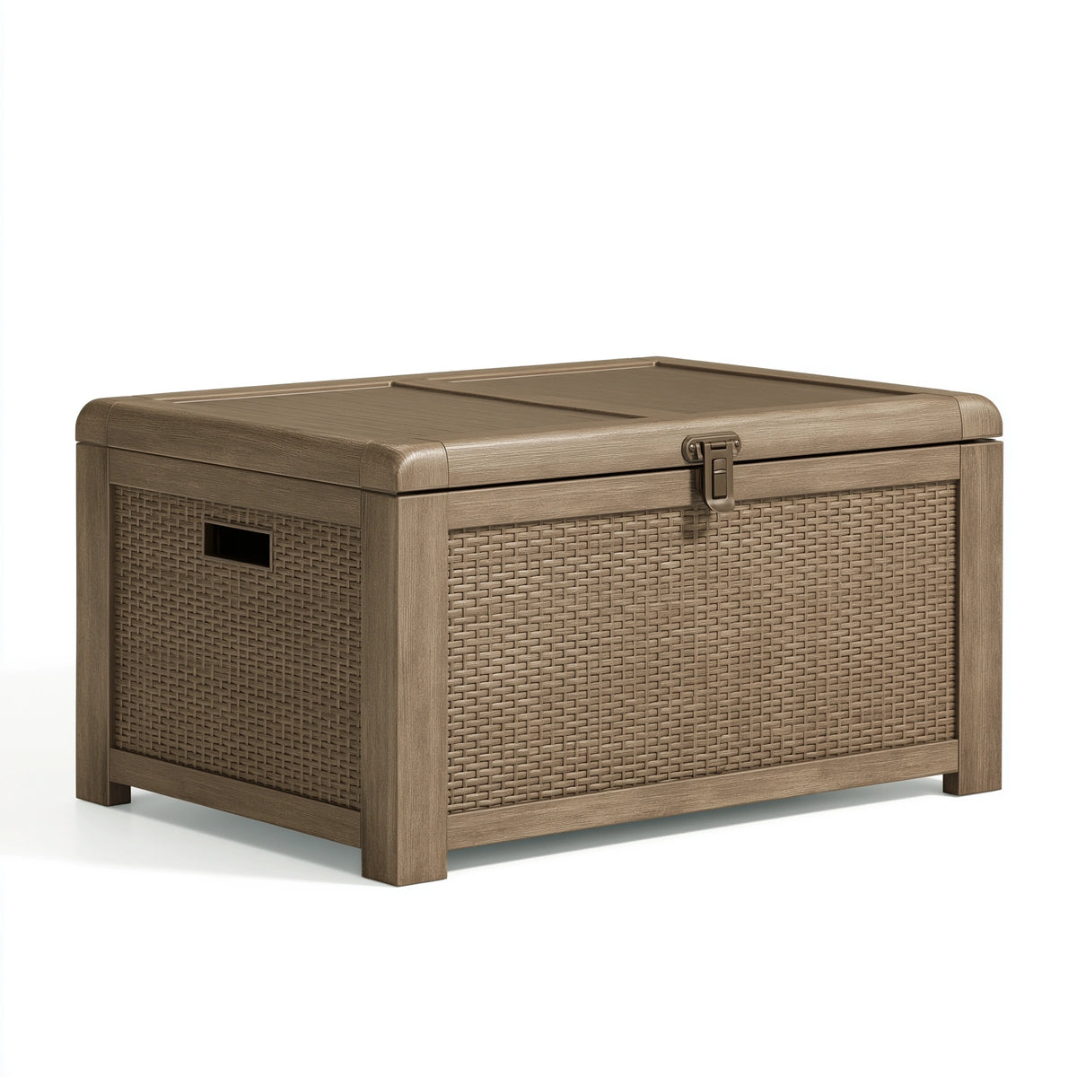 Coffre de rangement extérieur 120 x 60 x 63 cm en résine taupe effet tressé avec couvercle