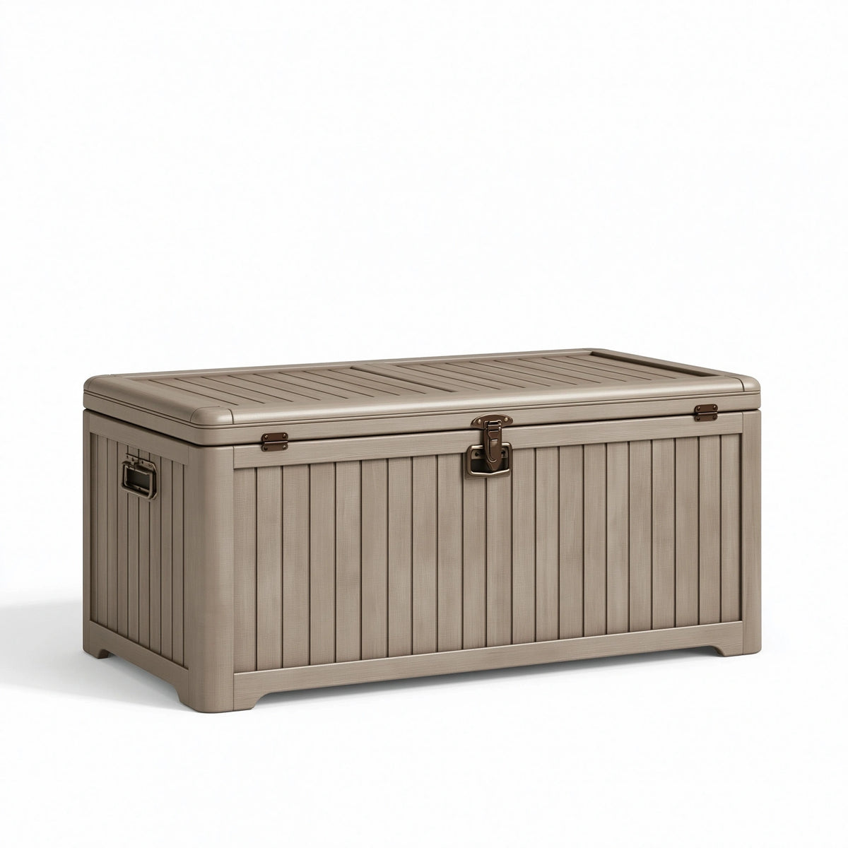 Coffre de rangement 120 cm x 60 cm x 65 cm en plastique taupe à couvercle pour extérieur style lames