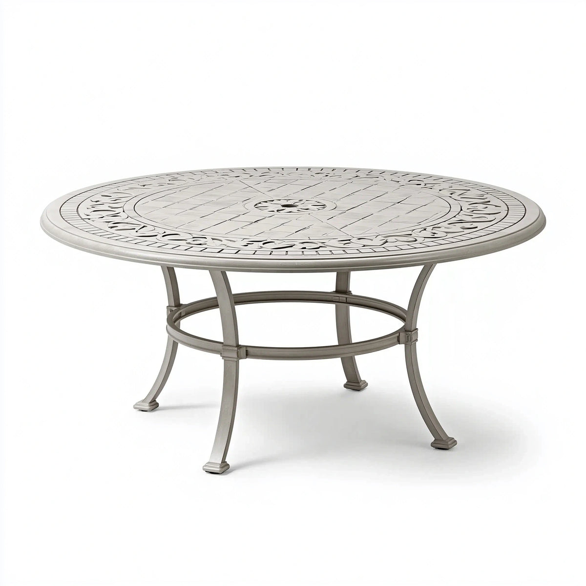 Table de jardin ronde diamètre 120 cm en métal gris motif ajouré pour terrasse
