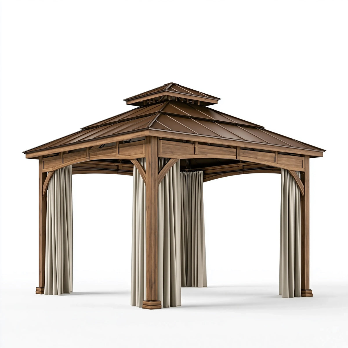 Pavillon de jardin 400 x 400 cm en bois marron avec toit à double niveau et rideaux
