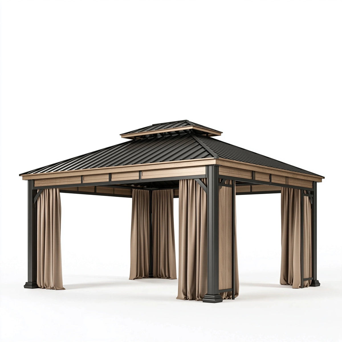 Tonnelle de jardin 400 x 300 cm en métal noir et brun avec toit rigide et rideaux