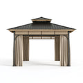 Pavillon de jardin 400 x 300 x 300 cm acier noir et beige avec rideaux toit double