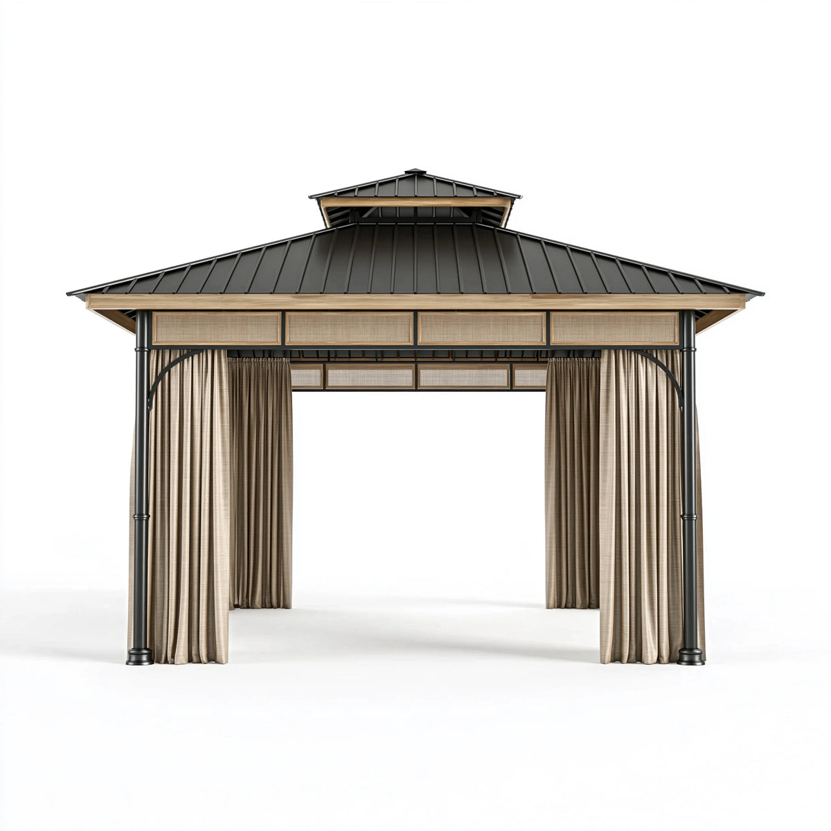 Pavillon de jardin 400 x 300 x 300 cm acier noir et beige avec rideaux toit double