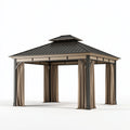 Tonnelle de jardin 300 x 300 x 300 cm en métal noir et beige avec rideaux toit ventilé
