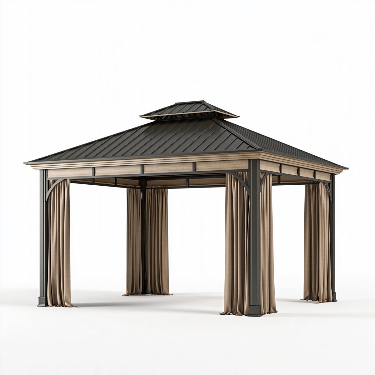 Tonnelle de jardin 300 x 300 x 300 cm en métal noir et beige avec rideaux toit ventilé
