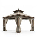 Tonnelle de jardin 400 x 400 x 320 cm en métal marron et beige avec rideaux style classique