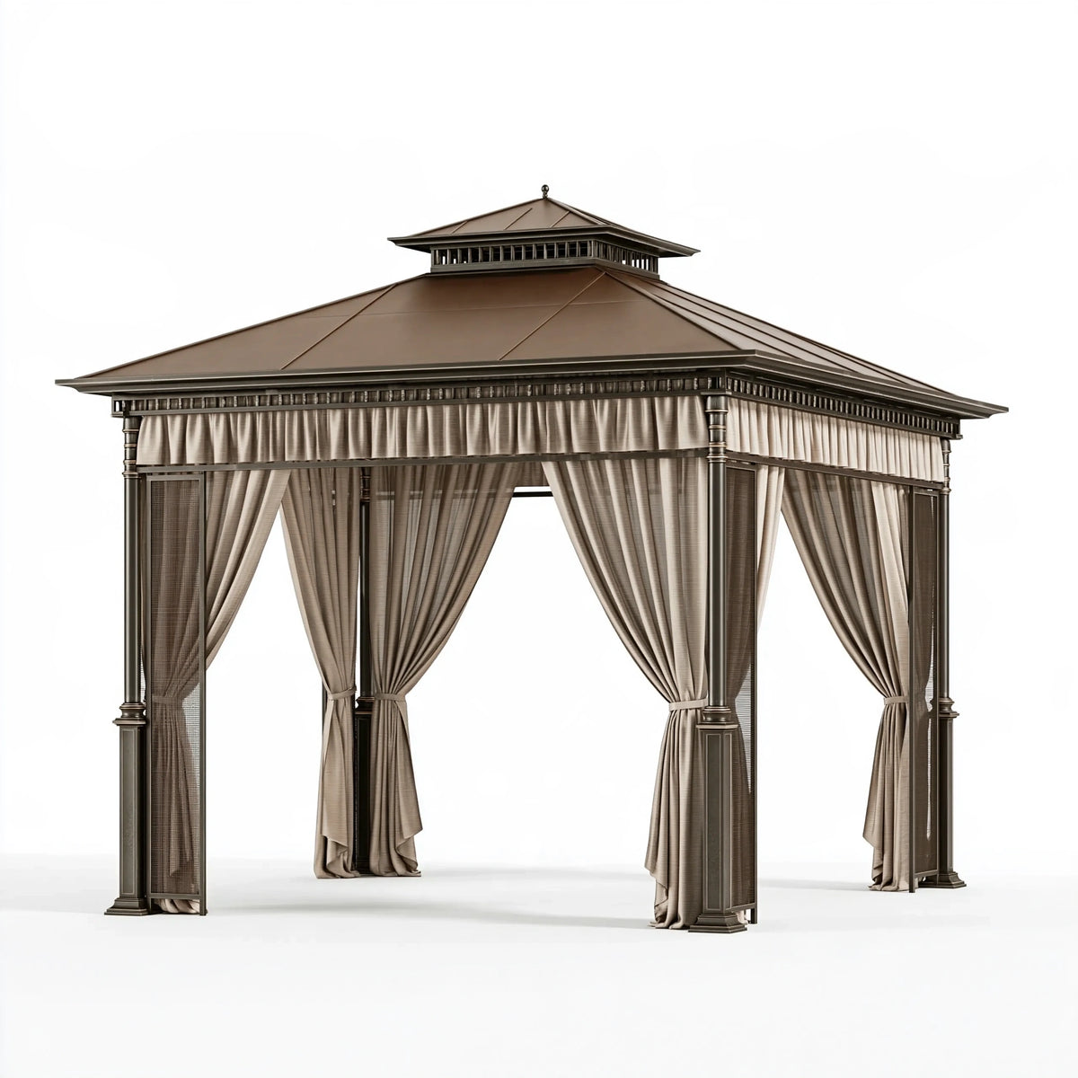Tonnelle de jardin 300 x 300 x 300 cm en métal brun avec rideaux style pavillon