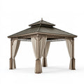 Pavillon de jardin 300 x 300 x 300 cm en métal taupe avec rideaux style classique