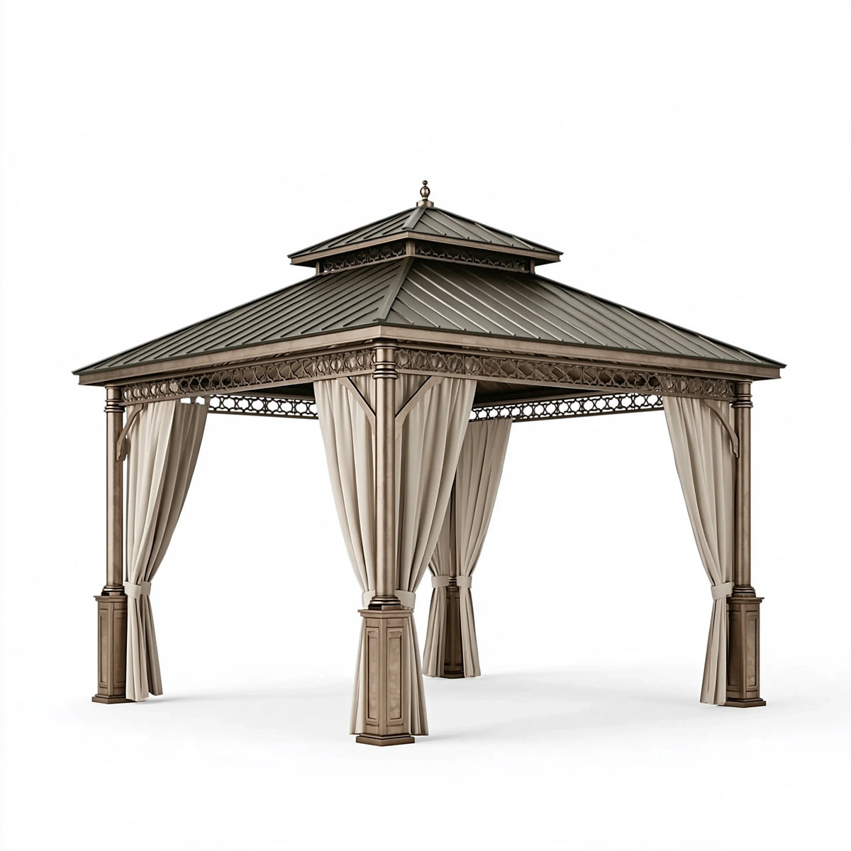 Pavillon de jardin 300 x 300 x 300 cm en métal taupe avec rideaux style classique