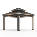Pavillon de jardin 400 x 400 cm en métal noir et beige - toit rigide double niveau pour extérieur