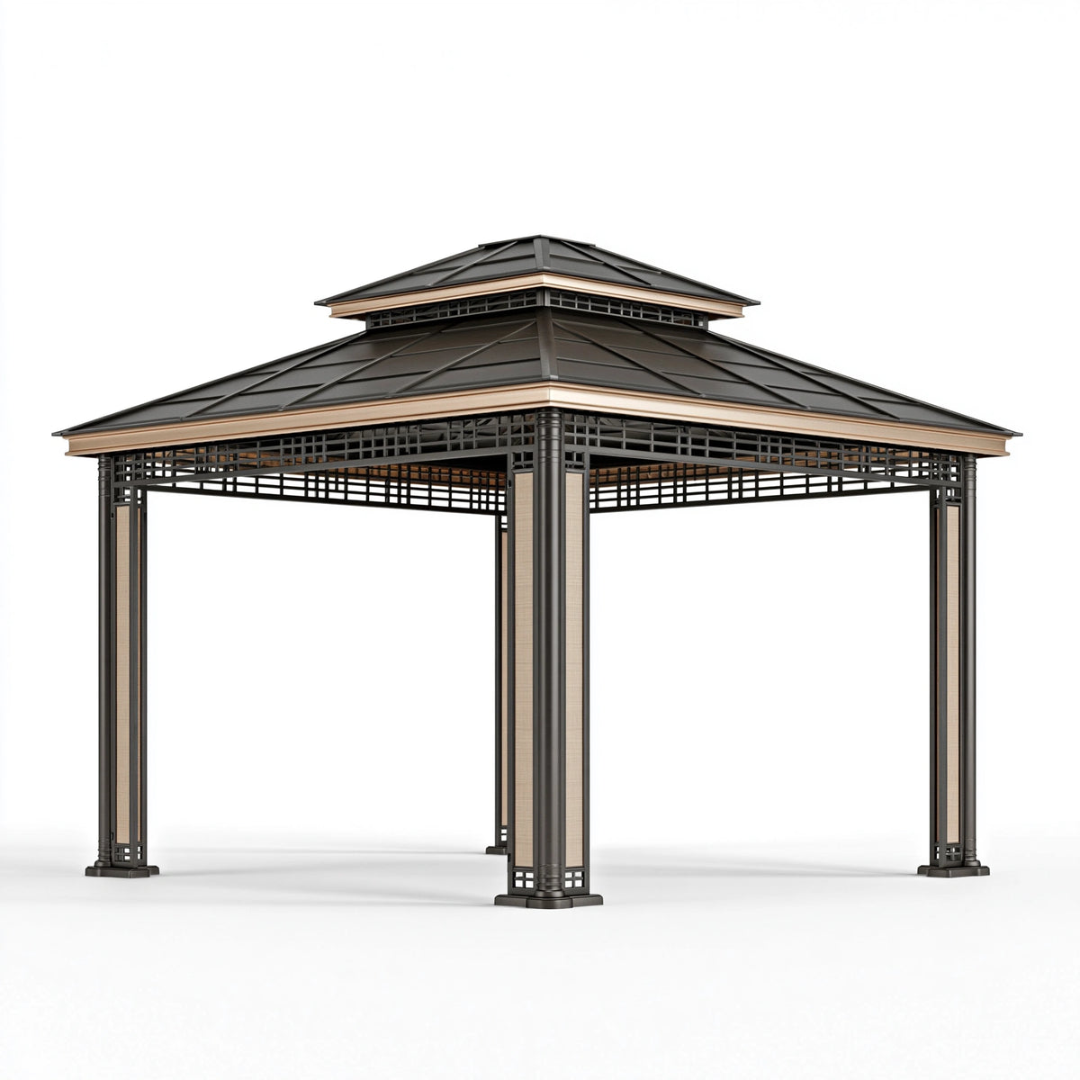 Pavillon de jardin 400 x 400 cm en métal noir et beige - toit rigide double niveau pour extérieur
