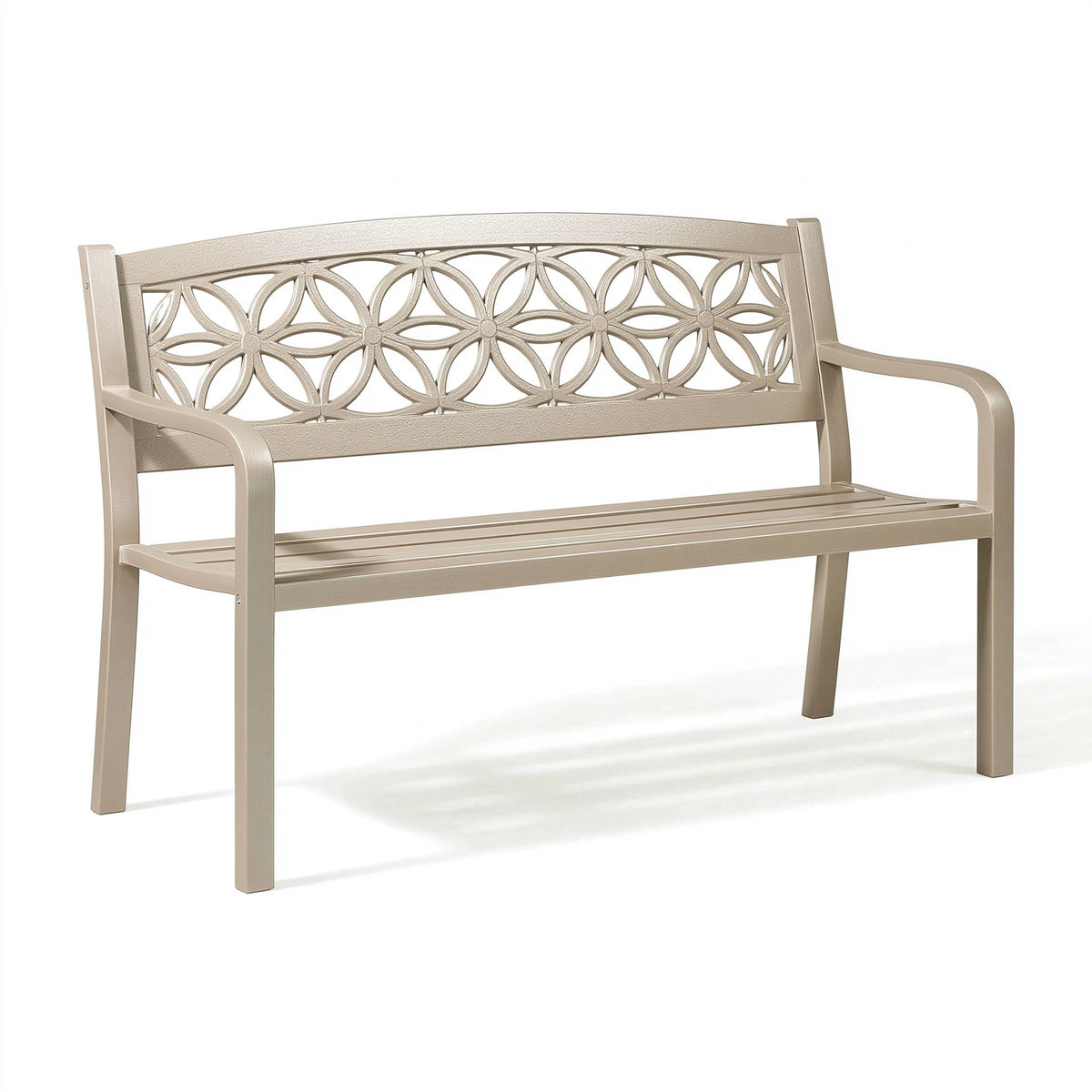Banc de jardin 127 cm en métal beige avec dossier floral