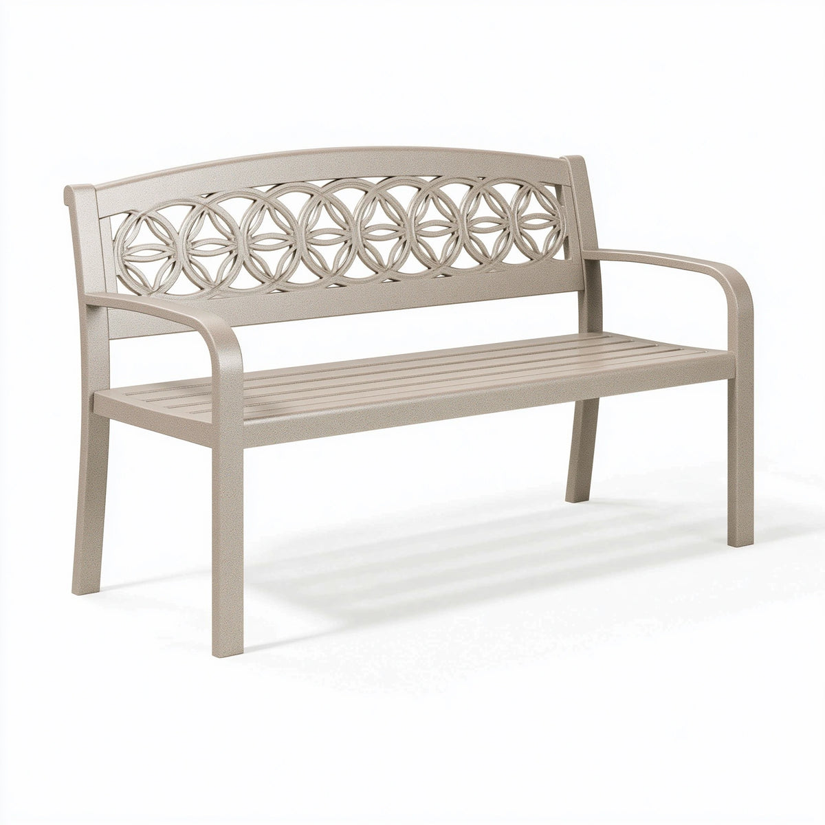 Banc de jardin 122 x 60 x 88 cm en aluminium beige avec accoudoirs décor ajouré
