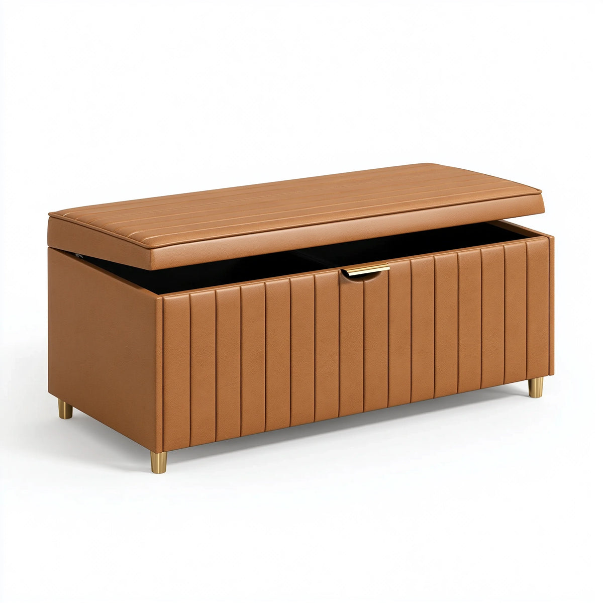 Banc coffre 100 x 40 x 45 cm revêtement synthétique camel rangement capitonné