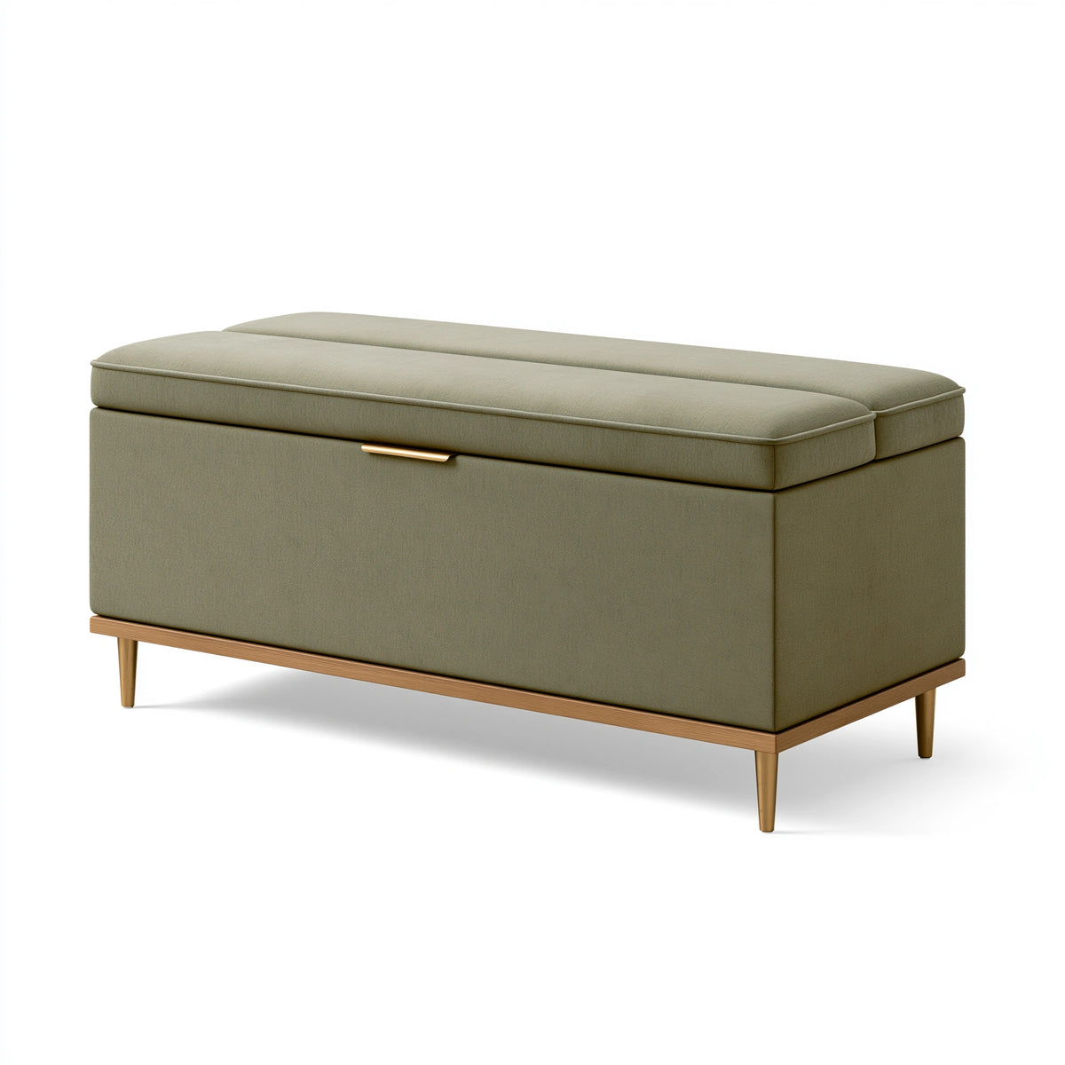 Banc coffre 120 x 45 x 48 cm en tissu vert sauge avec piètement bois style contemporain